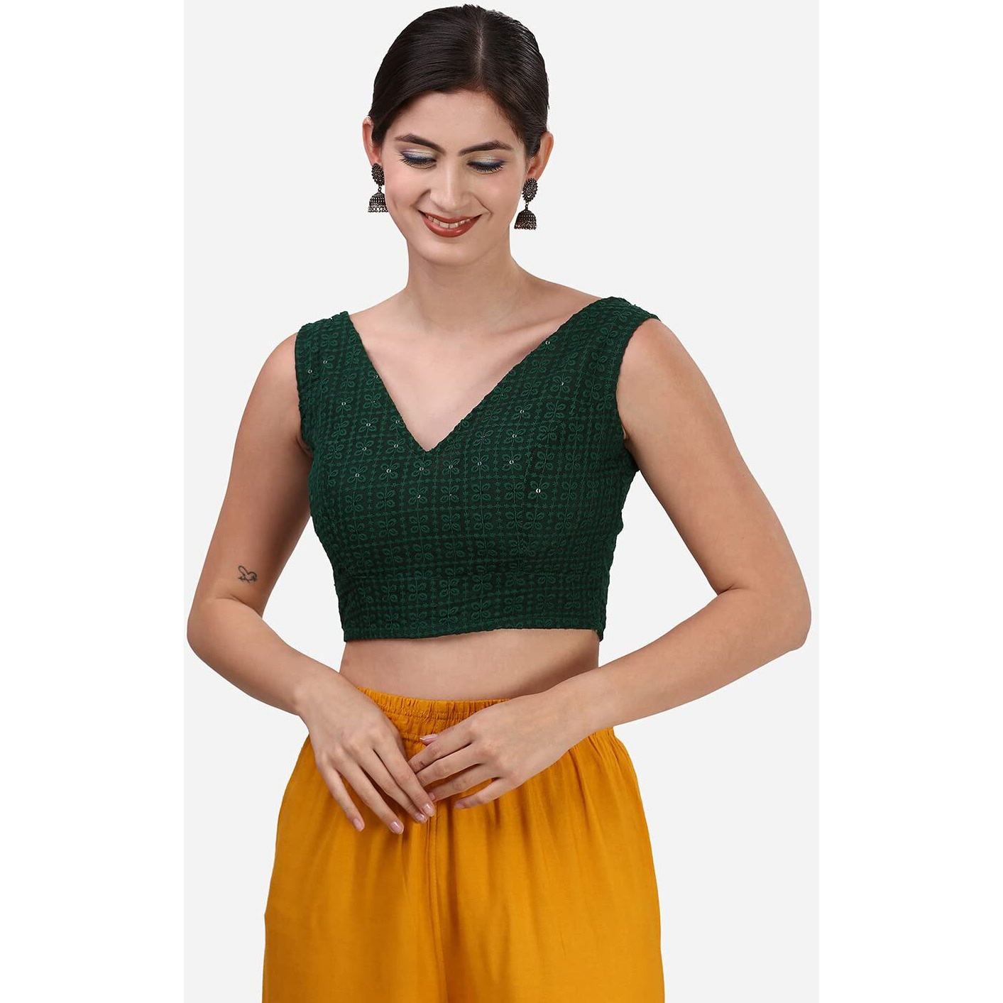 OOMPH Women's Indian Ethnic Wear Designer Square Leaf Pattern V Neck Sleeveless Cotton Dark Green Blouse for Saree or Lehnga and BlousePalazzos or Skirts for a Fusion Twist.