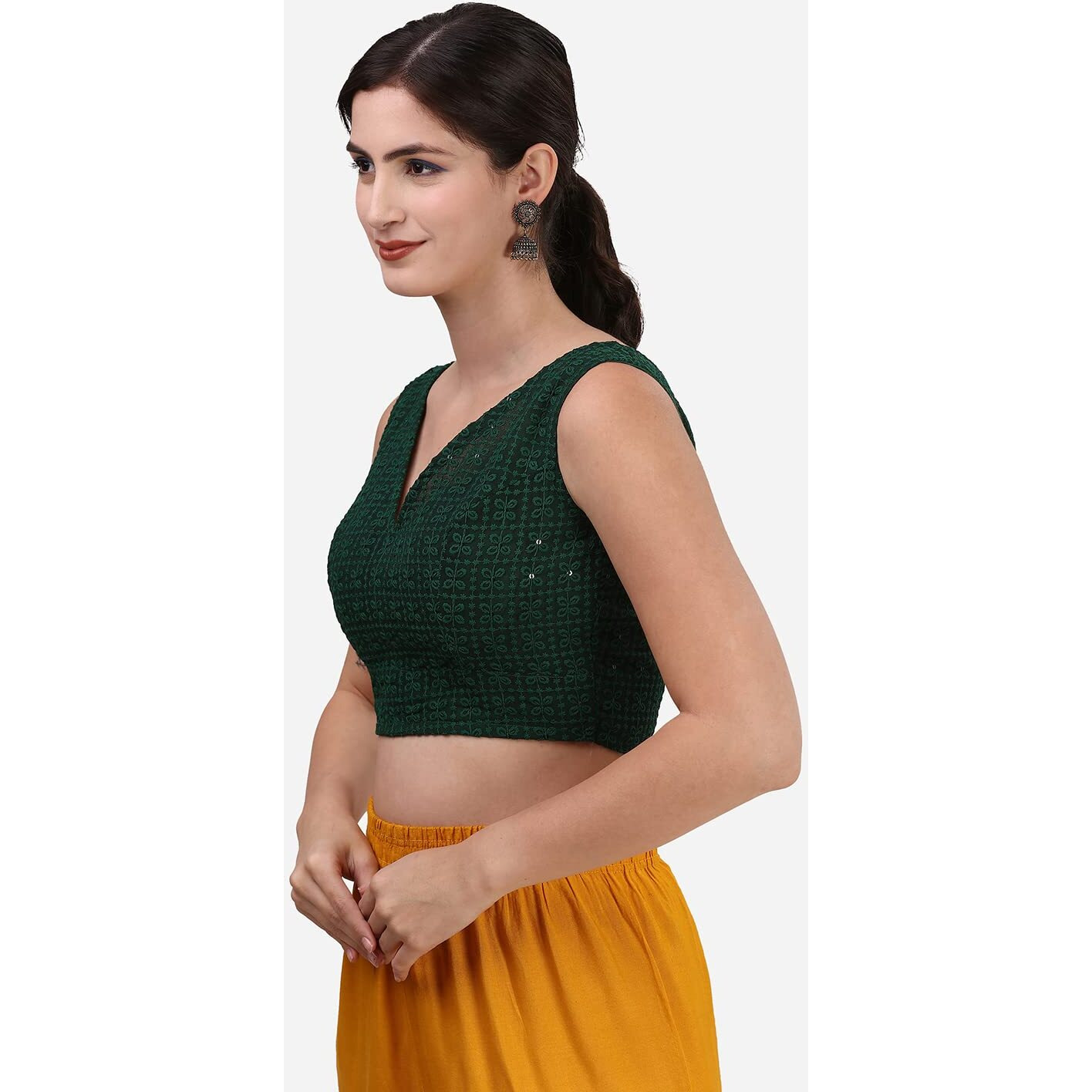 OOMPH Women's Indian Ethnic Wear Designer Square Leaf Pattern V Neck Sleeveless Cotton Dark Green Blouse for Saree or Lehnga and BlousePalazzos or Skirts for a Fusion Twist.