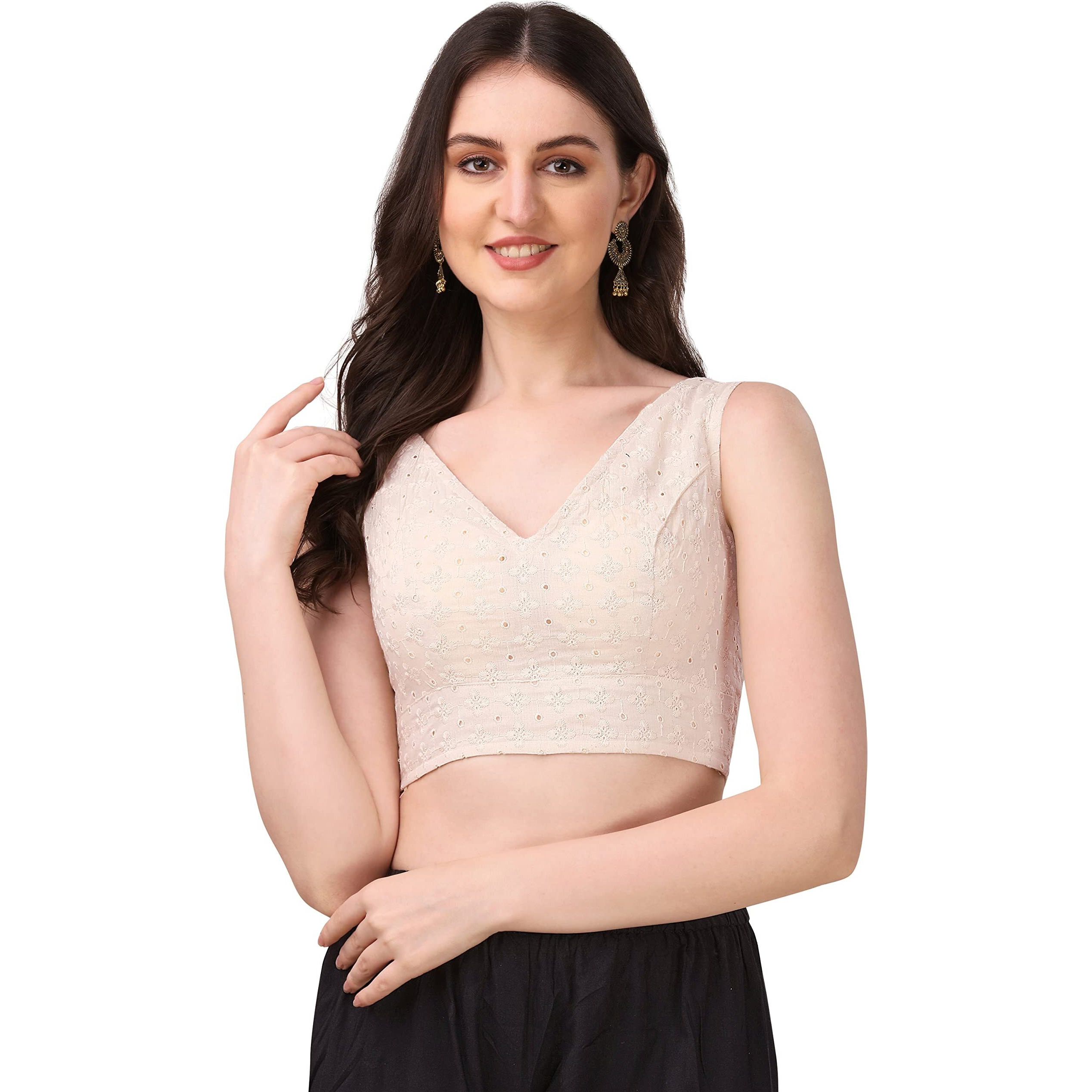 OOMPH Women's Indian Ethnic Wear Designer Abstract Pattern V Neck Sleeveless Cotton Off-White Blouse for Saree or Lehnga and BlousePalazzos or Skirts for a Fusion Twist.