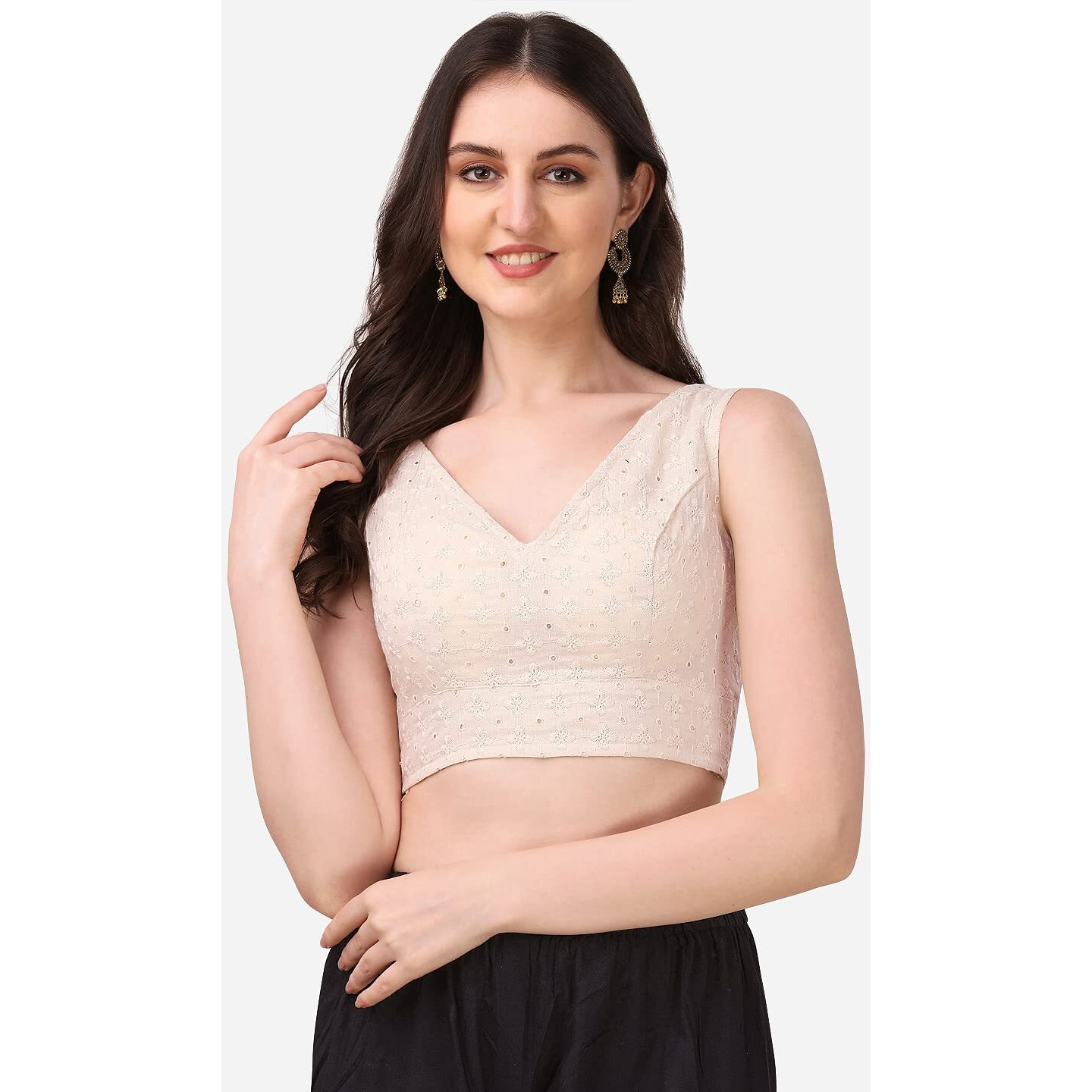 OOMPH Women's Indian Ethnic Wear Designer Abstract Pattern V Neck Sleeveless Cotton Off-White Blouse for Saree or Lehnga and BlousePalazzos or Skirts for a Fusion Twist.