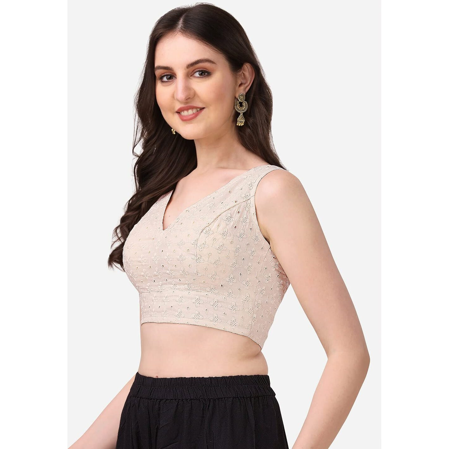 OOMPH Women's Indian Ethnic Wear Designer Abstract Pattern V Neck Sleeveless Cotton Off-White Blouse for Saree or Lehnga and BlousePalazzos or Skirts for a Fusion Twist.