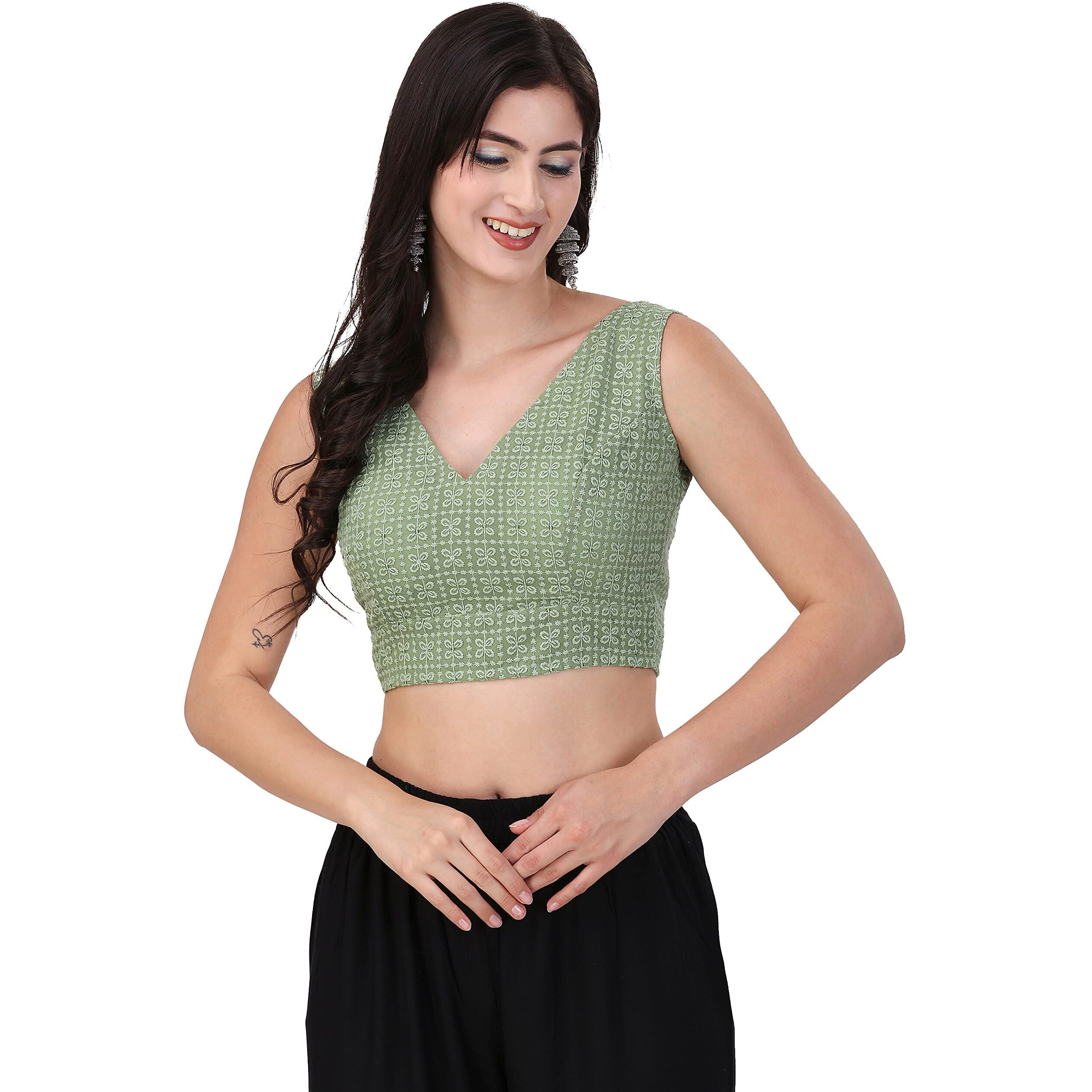 OOMPH Women's Indian Ethnic Wear Designer Square Leaf Pattern V Neck Sleeveless Cotton Pista Blouse for Saree or Lehnga and BlousePalazzos or Skirts for a Fusion Twist.
