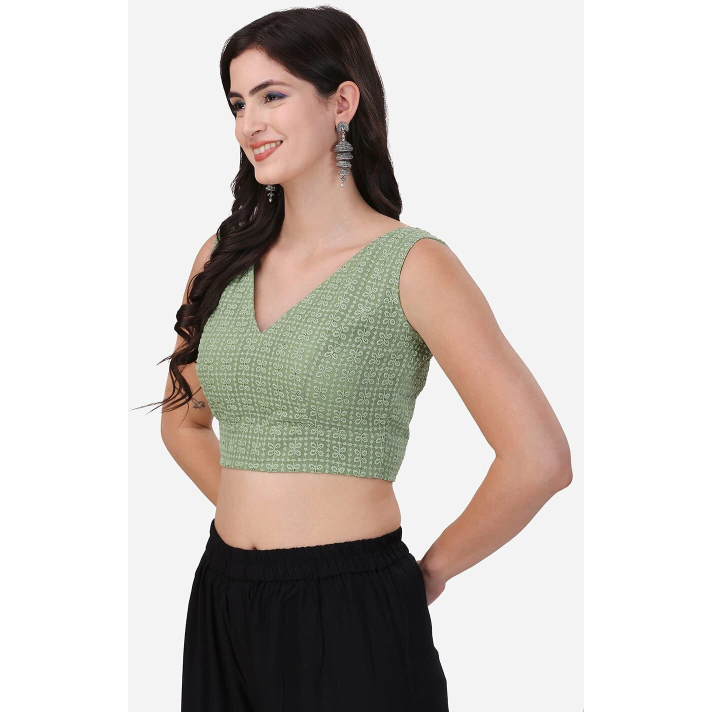 OOMPH Women's Indian Ethnic Wear Designer Square Leaf Pattern V Neck Sleeveless Cotton Pista Blouse for Saree or Lehnga and BlousePalazzos or Skirts for a Fusion Twist.