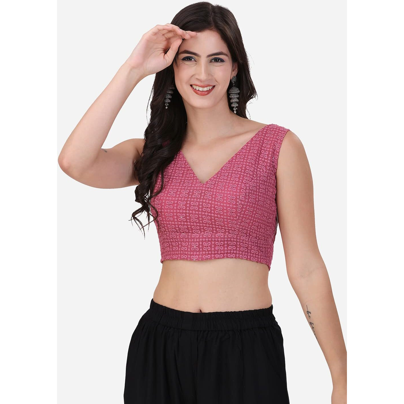 OOMPH Women's Indian Ethnic Wear Designer Square Leaf Pattern V Neck Sleeveless Cotton Rose Pink Blouse for Saree or Lehnga and BlousePalazzos or Skirts for a Fusion Twist.