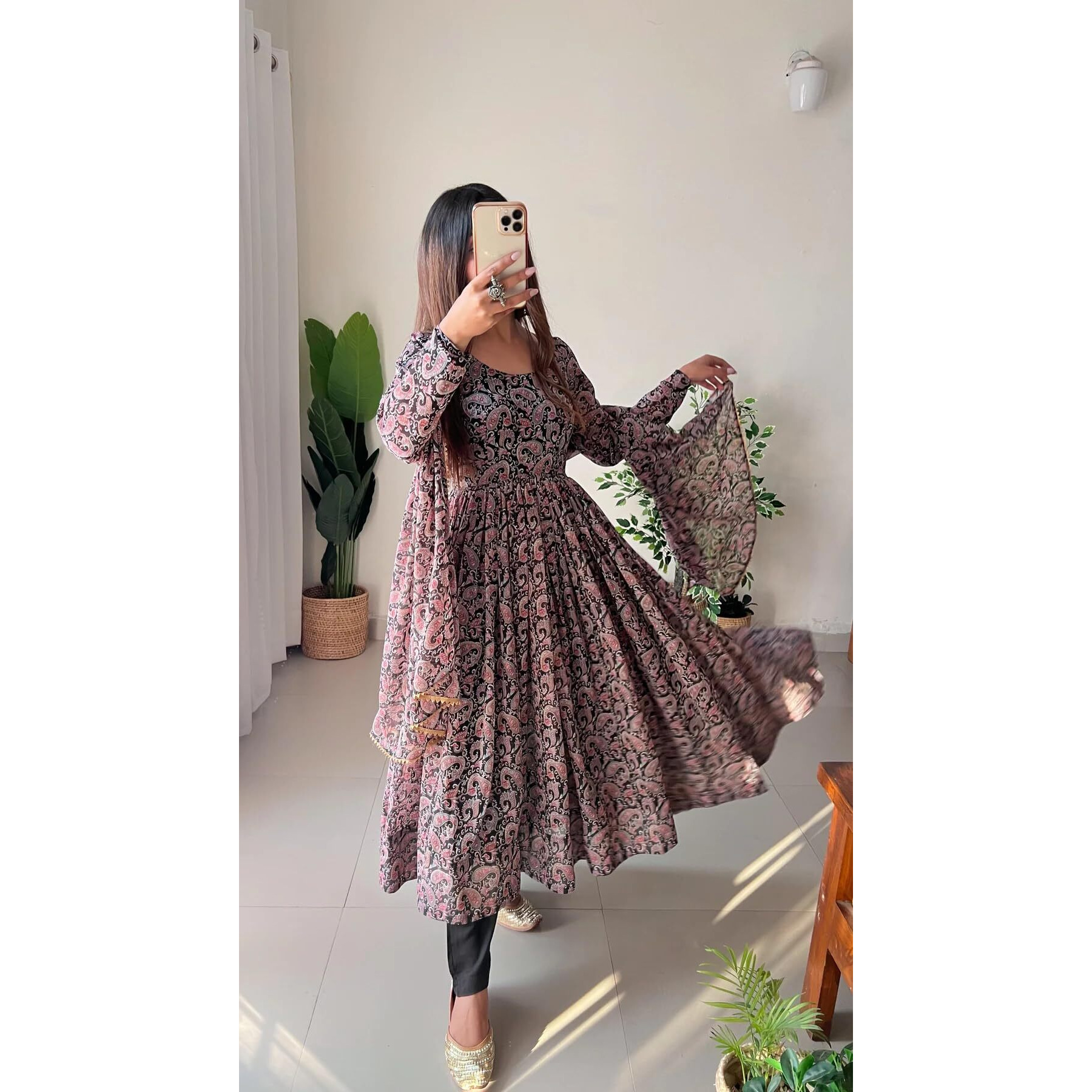 Wedani Women Floral Print Anarkali Kurta with Pant and Duptta (X-Large, Black-1)
