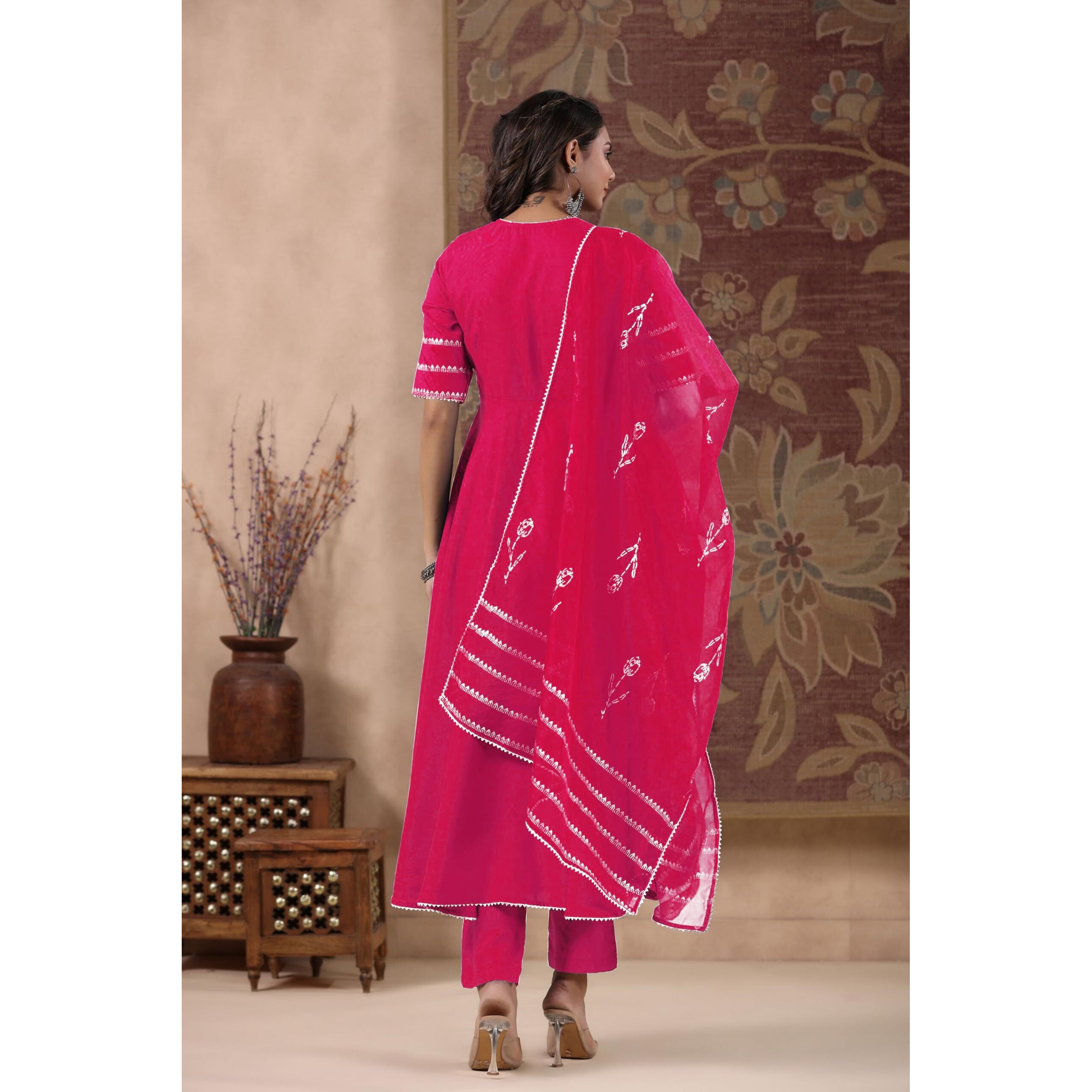 GoSriKi Women's Rayon Blend Anarkali Solid Kurta with Pant & Dupatta (NIRMOOHA Pink-GS_XL_Pink_X-Large)