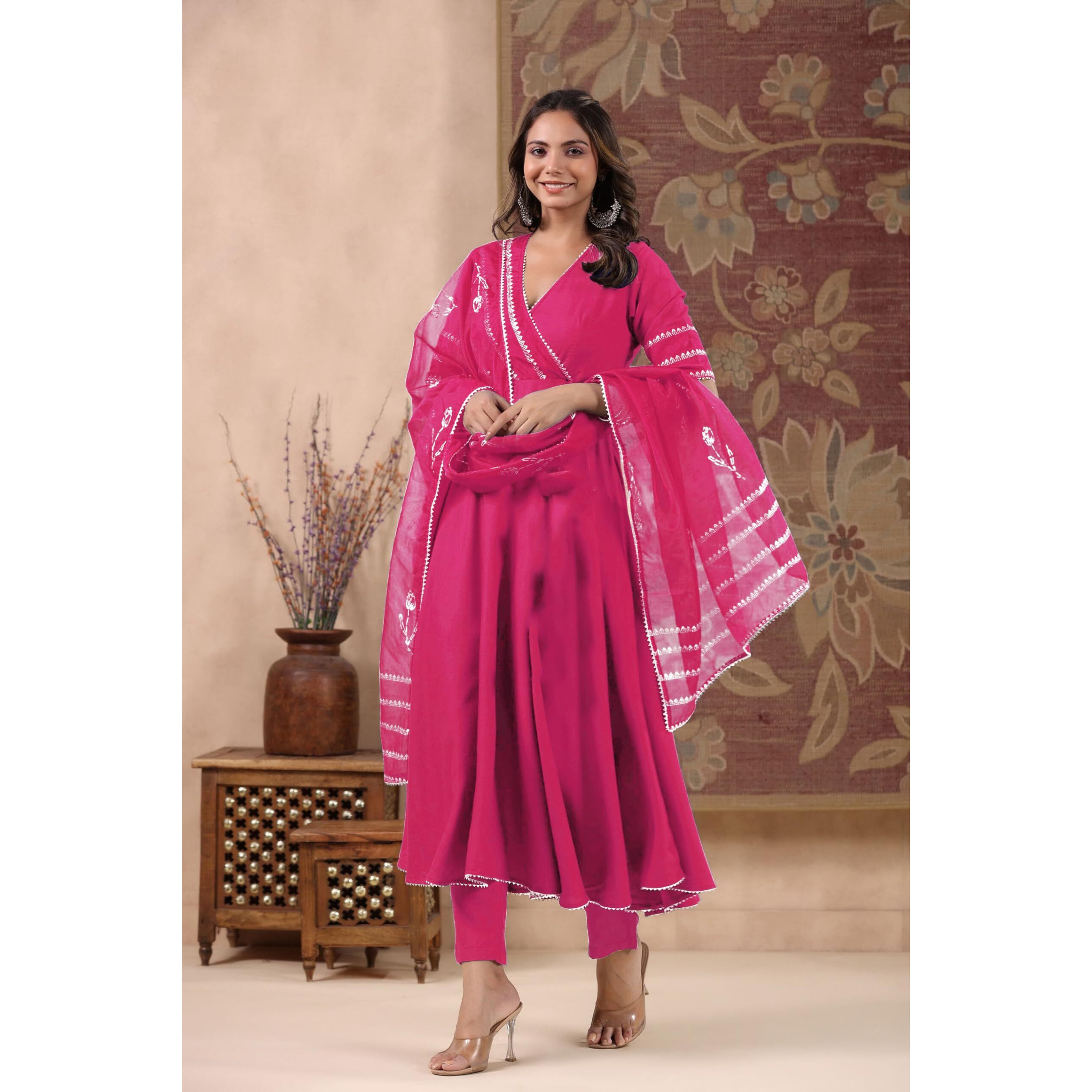 GoSriKi Women's Rayon Blend Anarkali Solid Kurta with Pant & Dupatta (NIRMOOHA Pink-GS_XL_Pink_X-Large)