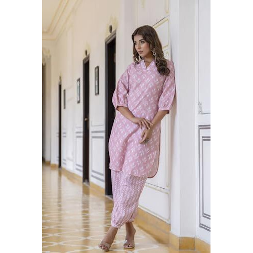LookMark Women's Latest Printed Cotton Blend Straight Kurta and Afghani Pant Set Perfect for Casual and Office Wear (AZ-LM-P1-KS2070 Peach-M)