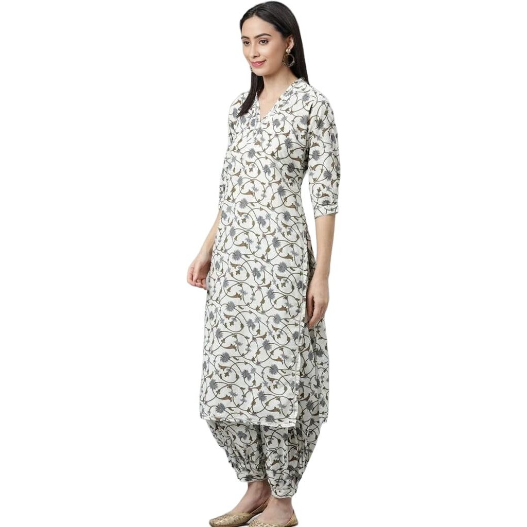 LookMark Women's Trendy Printed Cotton Blend Straight White Color Kurta and Afghani Pant Set (KS2072-L)
