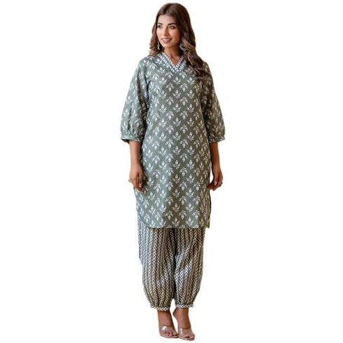LookMark Women's Latest Printed Cotton Blend Straight Kurta and Afghani Pant Set Perfect for Casual and Office Wear (AZ-LM-P1-KS2070 Green-S)