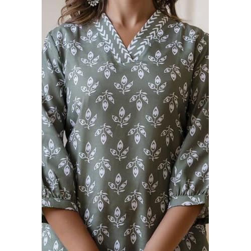LookMark Women's Latest Printed Cotton Blend Straight Kurta and Afghani Pant Set Perfect for Casual and Office Wear (AZ-LM-P1-KS2070 Green-S)