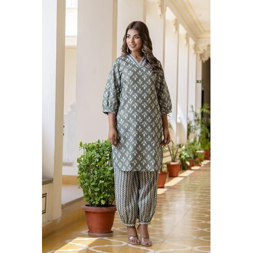 LookMark Women's Latest Printed Cotton Blend Straight Kurta and Afghani Pant Set Perfect for Casual and Office Wear (AZ-LM-P1-KS2070 Green-S)