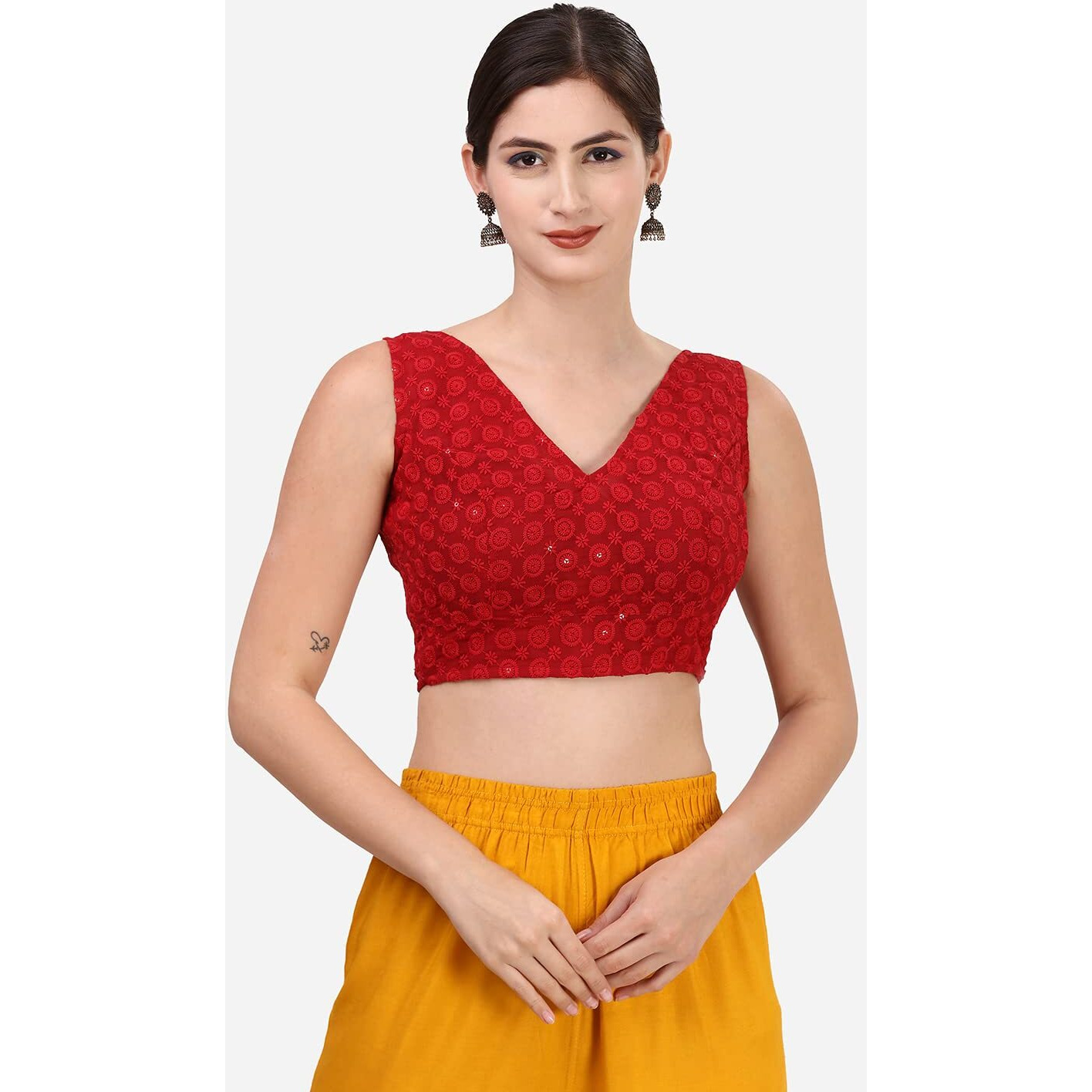 OOMPH Women's Indian Ethnic Wear Designer Leaf Pattern V Neck Sleeveless Cotton Red Blouse for Saree or Lehnga and BlousePalazzos or Skirts for a Fusion Twist.