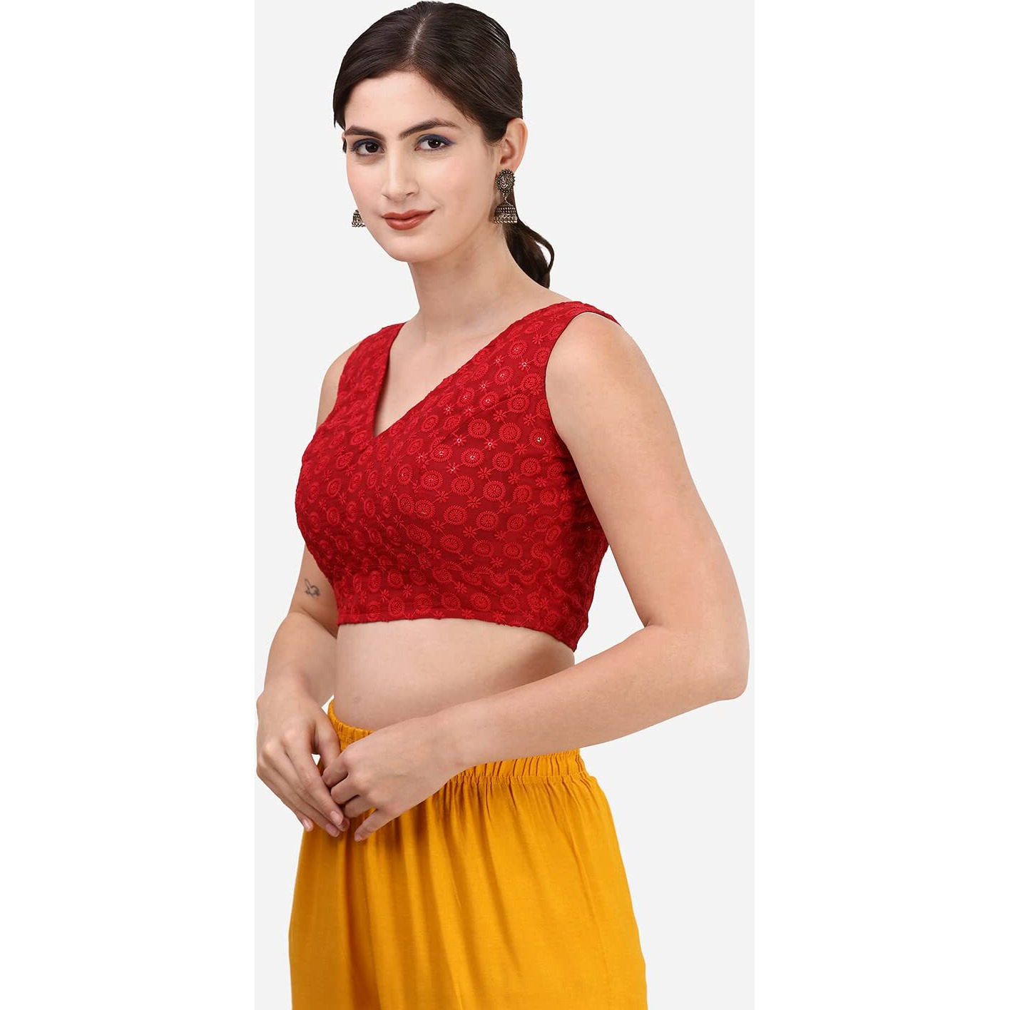 OOMPH Women's Indian Ethnic Wear Designer Leaf Pattern V Neck Sleeveless Cotton Red Blouse for Saree or Lehnga and BlousePalazzos or Skirts for a Fusion Twist.