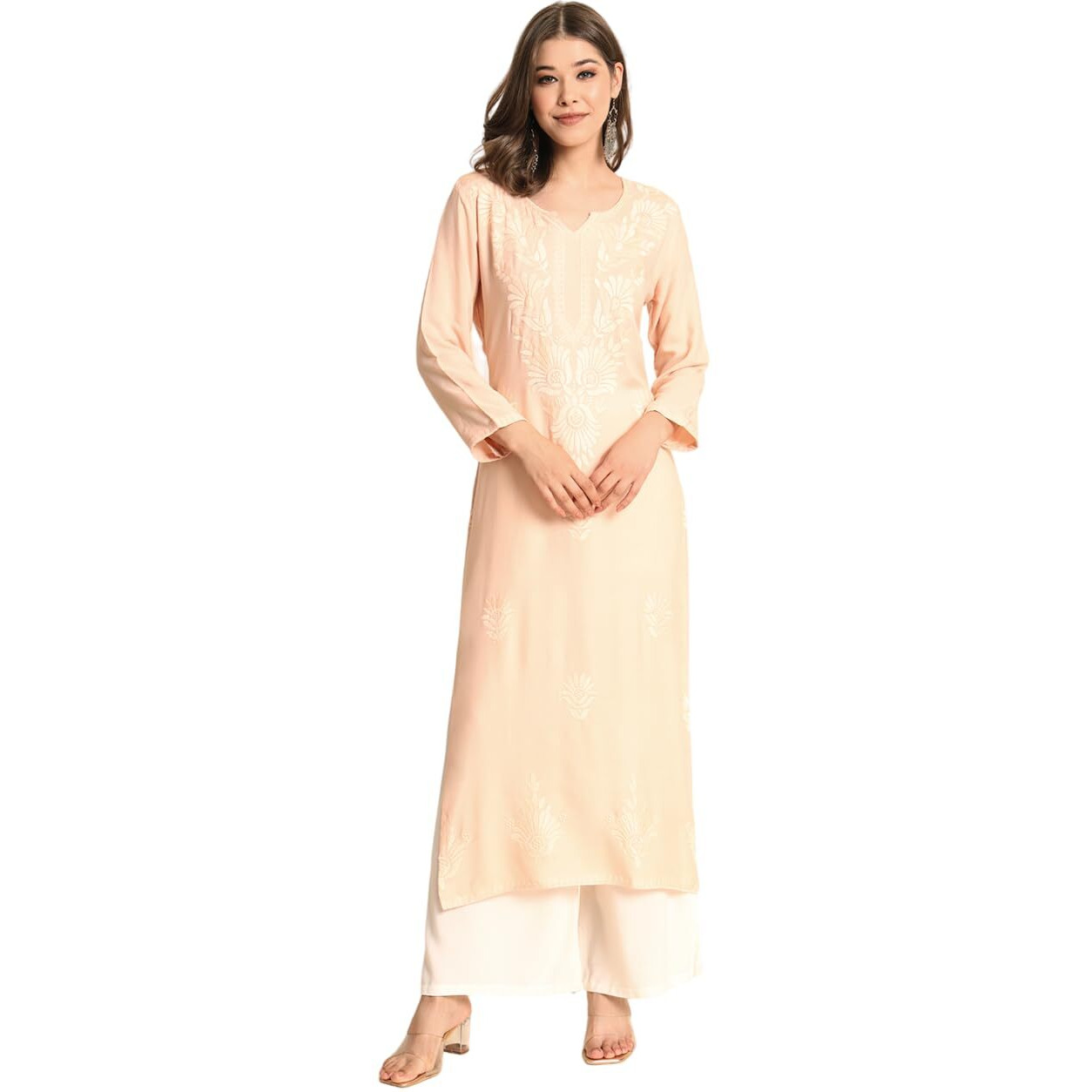 VAIRAGEE Women's Rayon Straight Cut Round Neck Kurta with Beautiful Lucknowi Chickenkari Work (1593) Peach