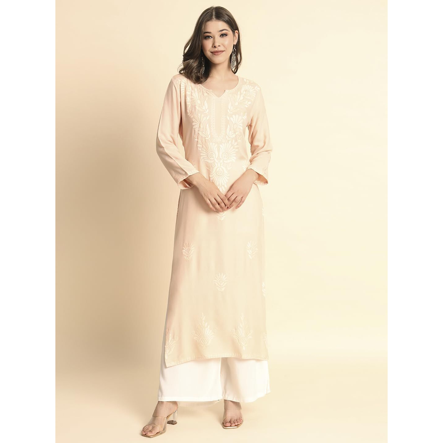 VAIRAGEE Women's Rayon Straight Cut Round Neck Kurta with Beautiful Lucknowi Chickenkari Work (1593) Peach