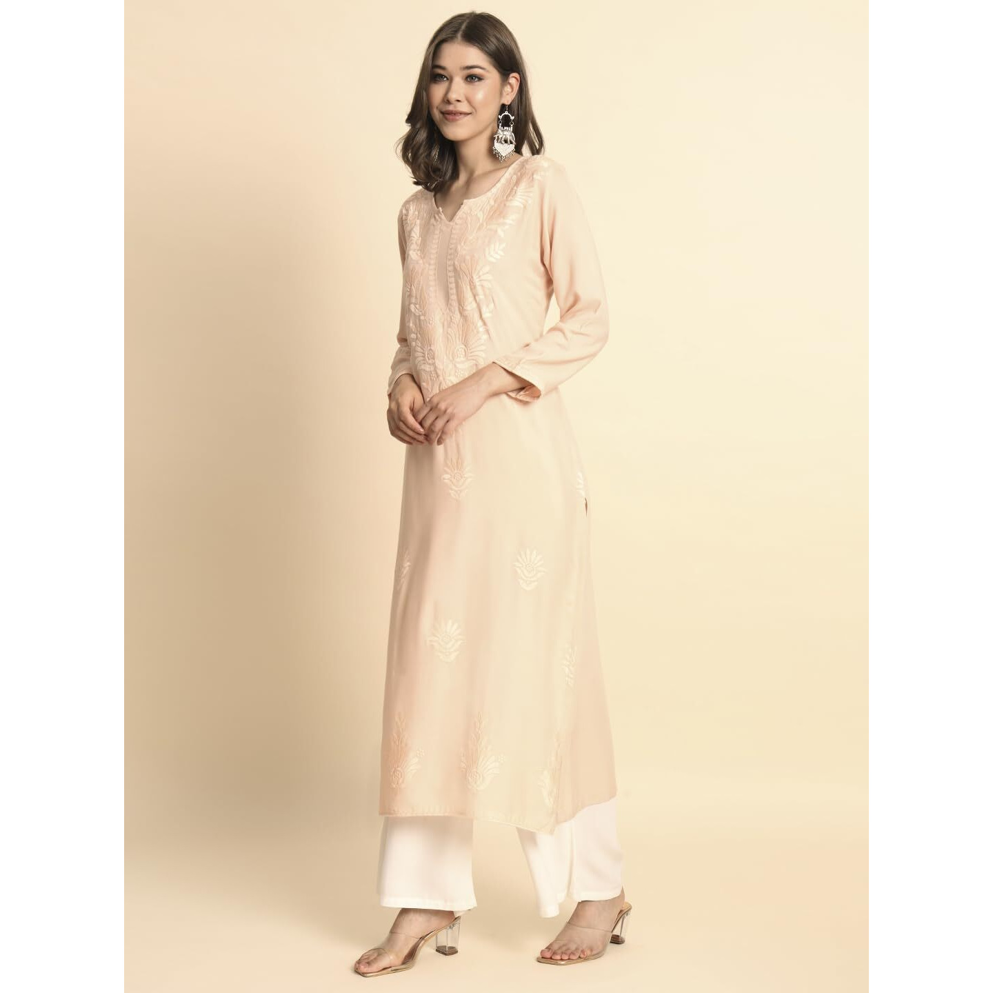 VAIRAGEE Women's Rayon Straight Cut Round Neck Kurta with Beautiful Lucknowi Chickenkari Work (1593) Peach