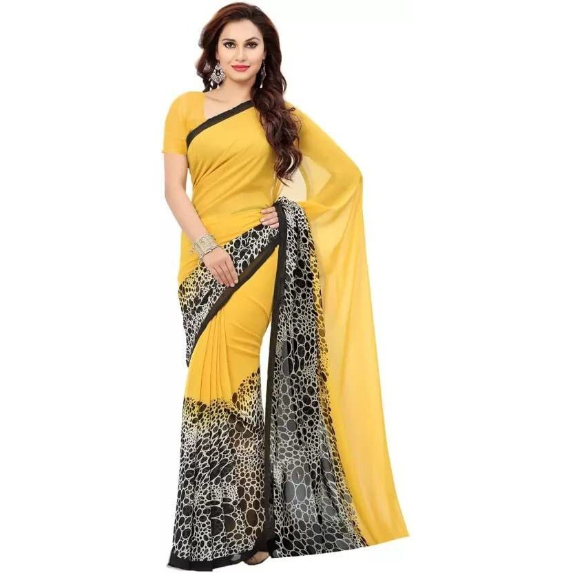 Yashika Women's Georgette Printed Saree With Blouse Piece (YELLOW BLACK_13)