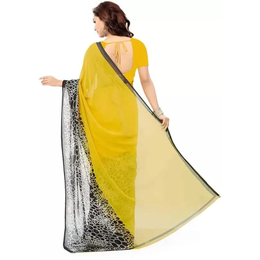 Yashika Women's Georgette Printed Saree With Blouse Piece (YELLOW BLACK_13)