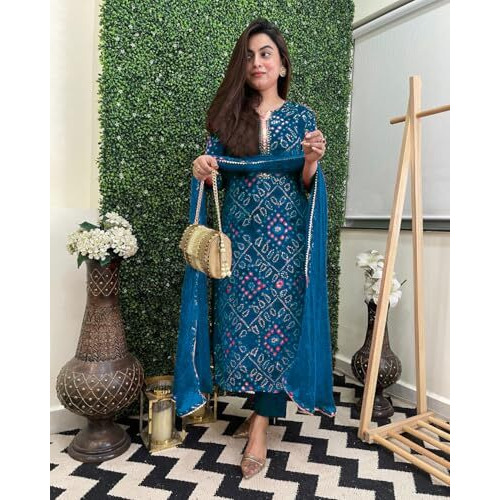 ANNI DESIGNER Women's Rayon Blend Straight Printed Kurta with Pant & Dupatta (TURAE Cerosin_M_Dark Blue_Medium)