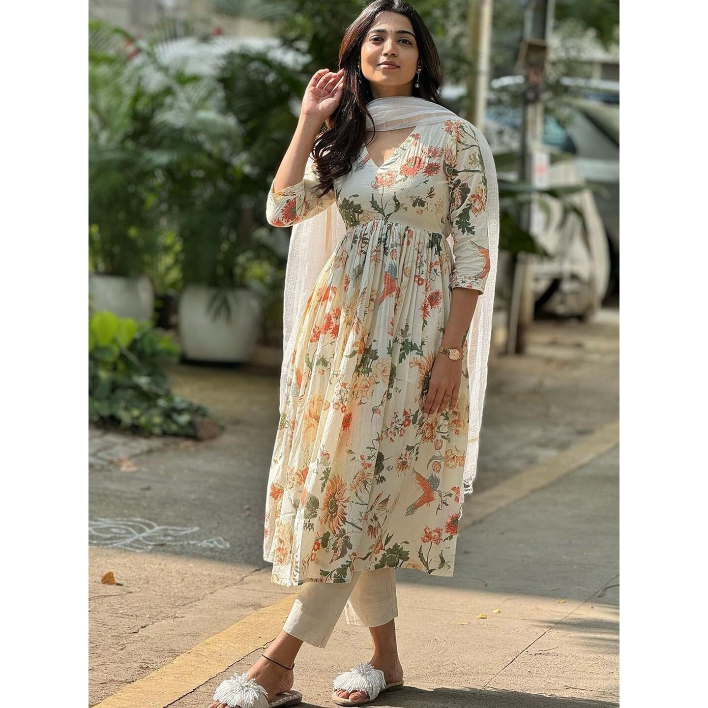 GoSriKi Women's Rayon Blend Printed Anarkali Kurta with Pant & Dupatta (Sudan Cream-GS_XL_Cream_X-Large)