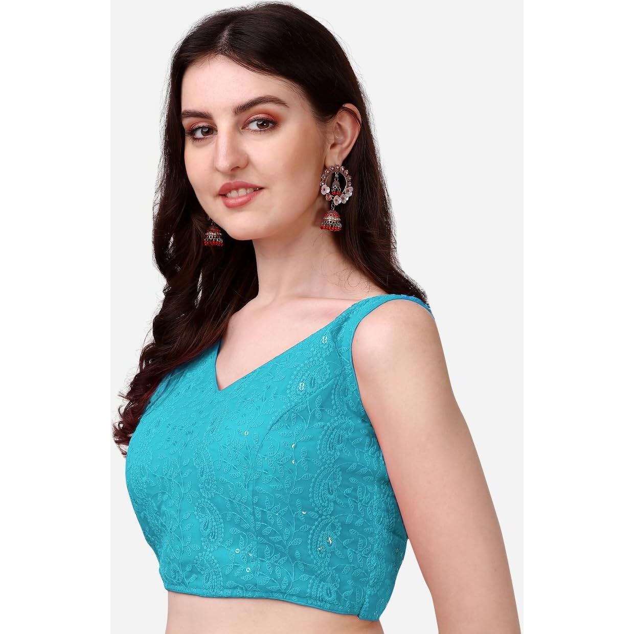 Pujia Mills Women's Georgette Sipali Sequin Work Sleeveless Blouse (Sky Blue, 34)