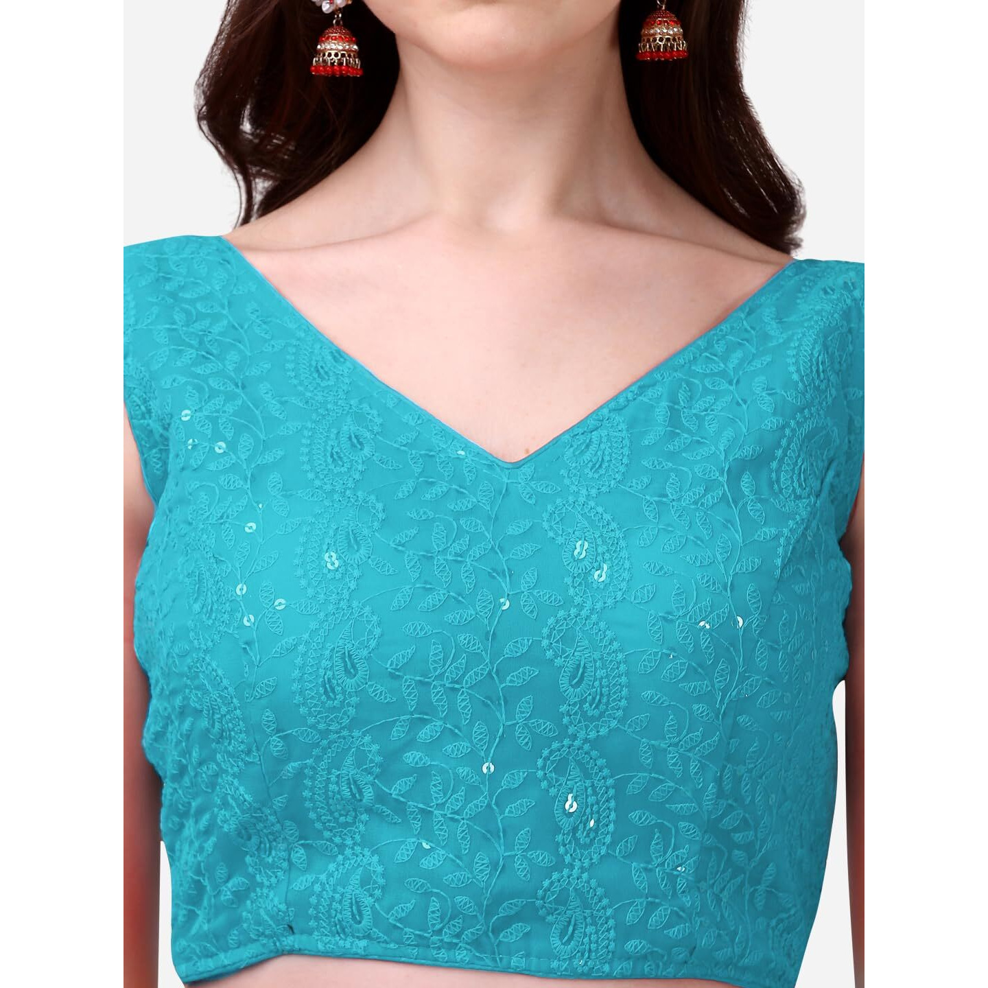 Pujia Mills Women's Georgette Sipali Sequin Work Sleeveless Blouse (Sky Blue, 34)