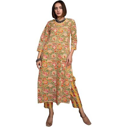 FABNEX Cotton Blend Kurti Set With Pant For Women (K-46-47) (2Xl, Musterd)