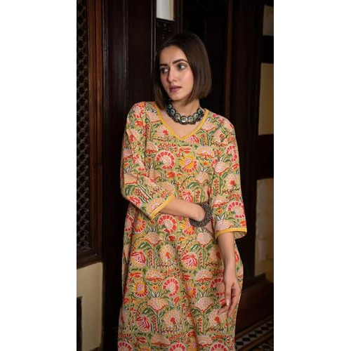 FABNEX Cotton Blend Kurti Set With Pant For Women (K-46-47) (2Xl, Musterd)
