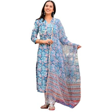 FABNEX Cotton Blend Kurta Set For Women | Women Kurta | Women Kurta Sets Kurtis | Women Kurta Pant Set | Women Kurta Pant Set Women Kurti Set With Pant (K-49-50) (M, Blue)