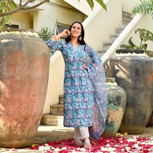 FABNEX Cotton Blend Kurta Set For Women | Women Kurta | Women Kurta Sets Kurtis | Women Kurta Pant Set | Women Kurta Pant Set Women Kurti Set With Pant (K-49-50) (M, Blue)
