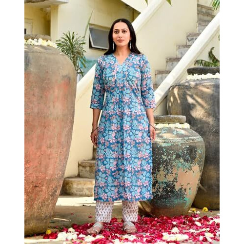 FABNEX Cotton Blend Kurta Set For Women | Women Kurta | Women Kurta Sets Kurtis | Women Kurta Pant Set | Women Kurta Pant Set Women Kurti Set With Pant (K-49-50) (M, Blue)