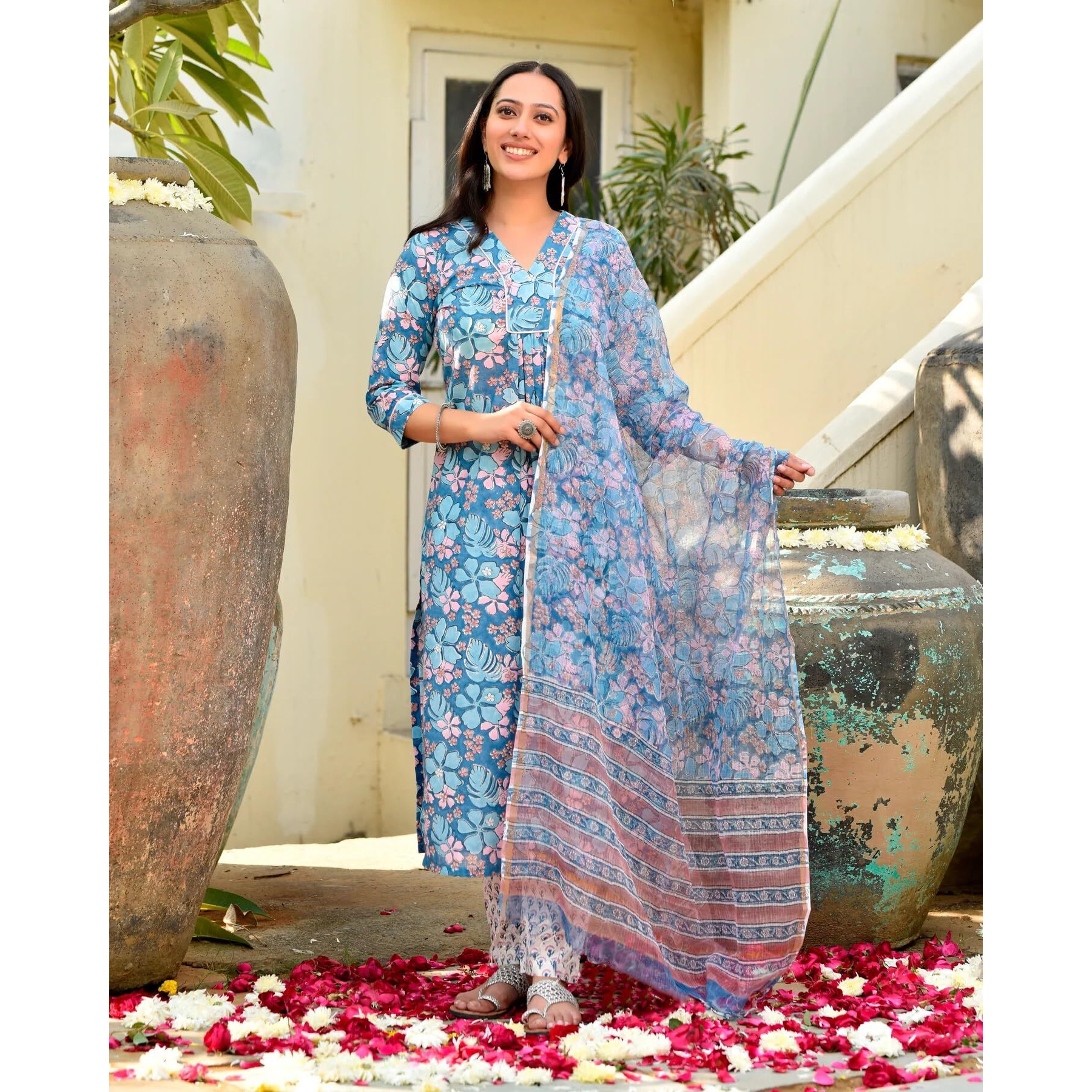 FABNEX Cotton Blend Kurta Set For Women | Women Kurta | Women Kurta Sets Kurtis | Women Kurta Pant Set | Women Kurta Pant Set Women Kurti Set With Pant (K-49-50) (2Xl, Blue)