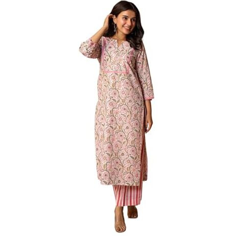 FABNEX Cotton Blend Kurta Set For Women | Women Kurta | Women Kurta Sets Kurtis | Women Kurta Pant Set | Women Kurta Pant Set Women Kurti Set With Pant (K-46-47) (L, Pink)