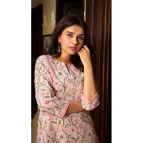 FABNEX Cotton Blend Kurta Set For Women | Women Kurta | Women Kurta Sets Kurtis | Women Kurta Pant Set | Women Kurta Pant Set Women Kurti Set With Pant (K-46-47) (L, Pink)