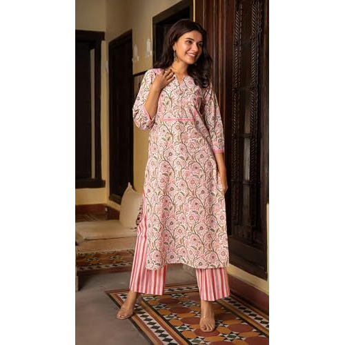 FABNEX Cotton Blend Kurta Set For Women | Women Kurta | Women Kurta Sets Kurtis | Women Kurta Pant Set | Women Kurta Pant Set Women Kurti Set With Pant (K-46-47) (L, Pink)