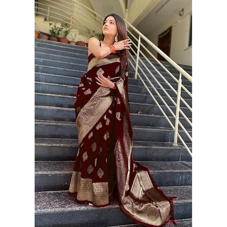 Yashika Women's Banarasi Kanjivaram Saree with Blouse Material (Maroon)