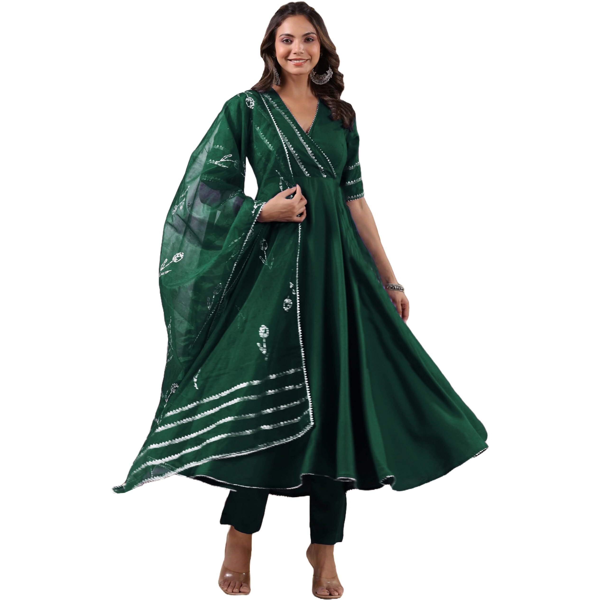GoSriKi Women's Rayon Blend Anarkali Solid Kurta with Pant & Dupatta (NIRMOOHA Green-GS_L_Green_Large)
