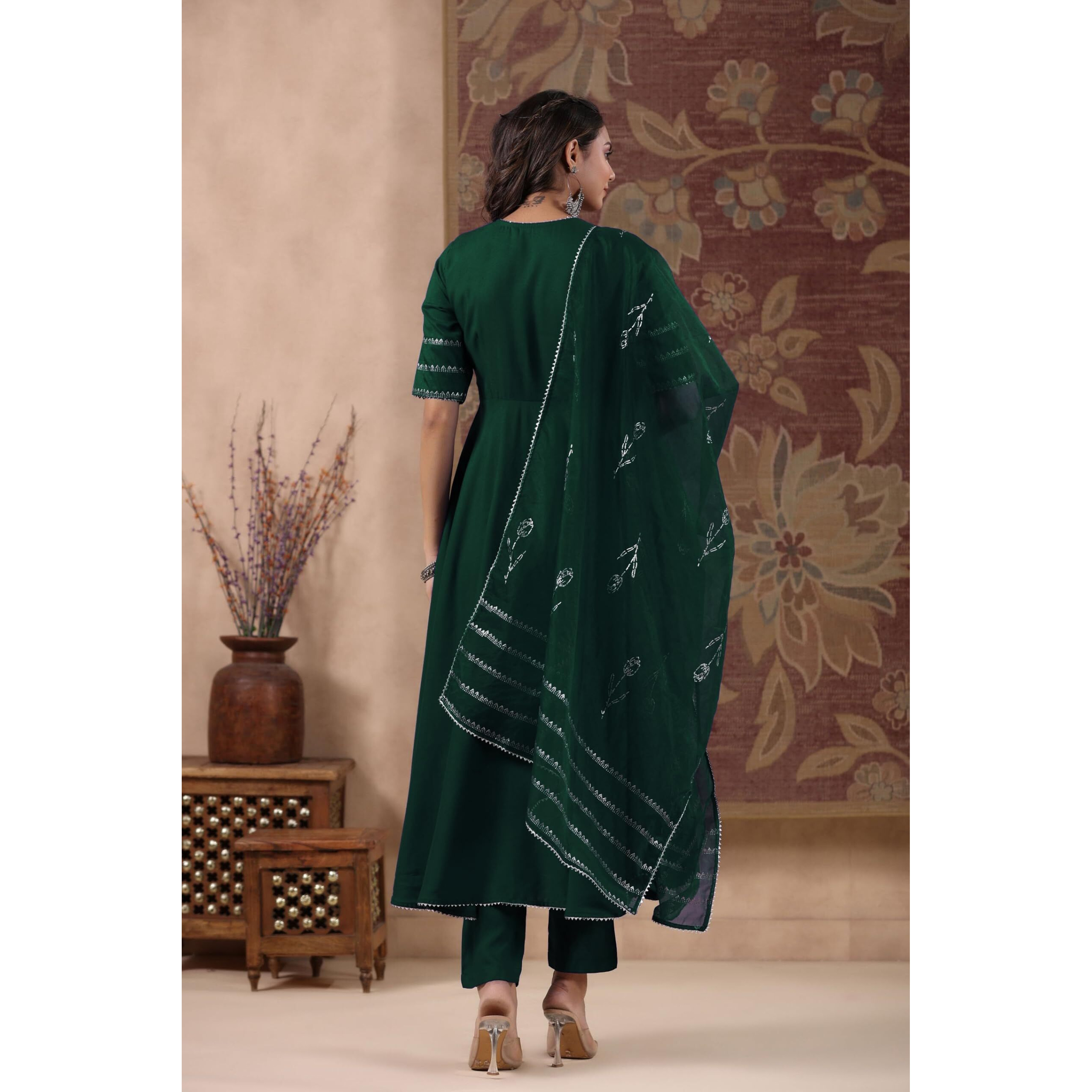 GoSriKi Women's Rayon Blend Anarkali Solid Kurta with Pant & Dupatta (NIRMOOHA Green-GS_L_Green_Large)