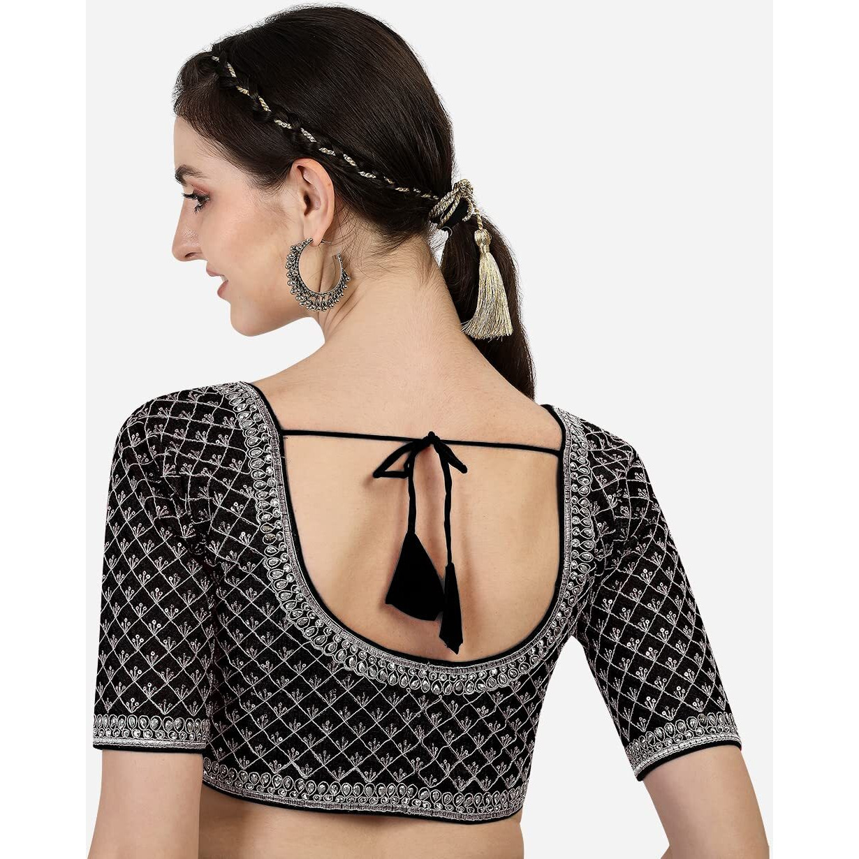 Pujia Mills Women's Phantom Silk Silver Embroidery Work with Sequence Work Half Sleeve Font Open Blouse for Saree Black Color Blouse