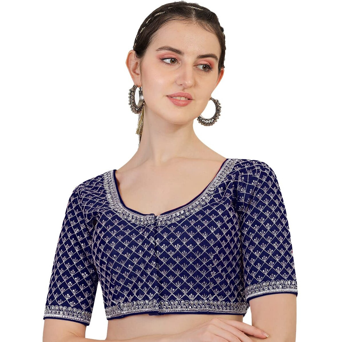Pujia Mills Women's Heavy Silver Jari Thread Readymade Blouse for Saree Lehenga (Navy Blue, 38)