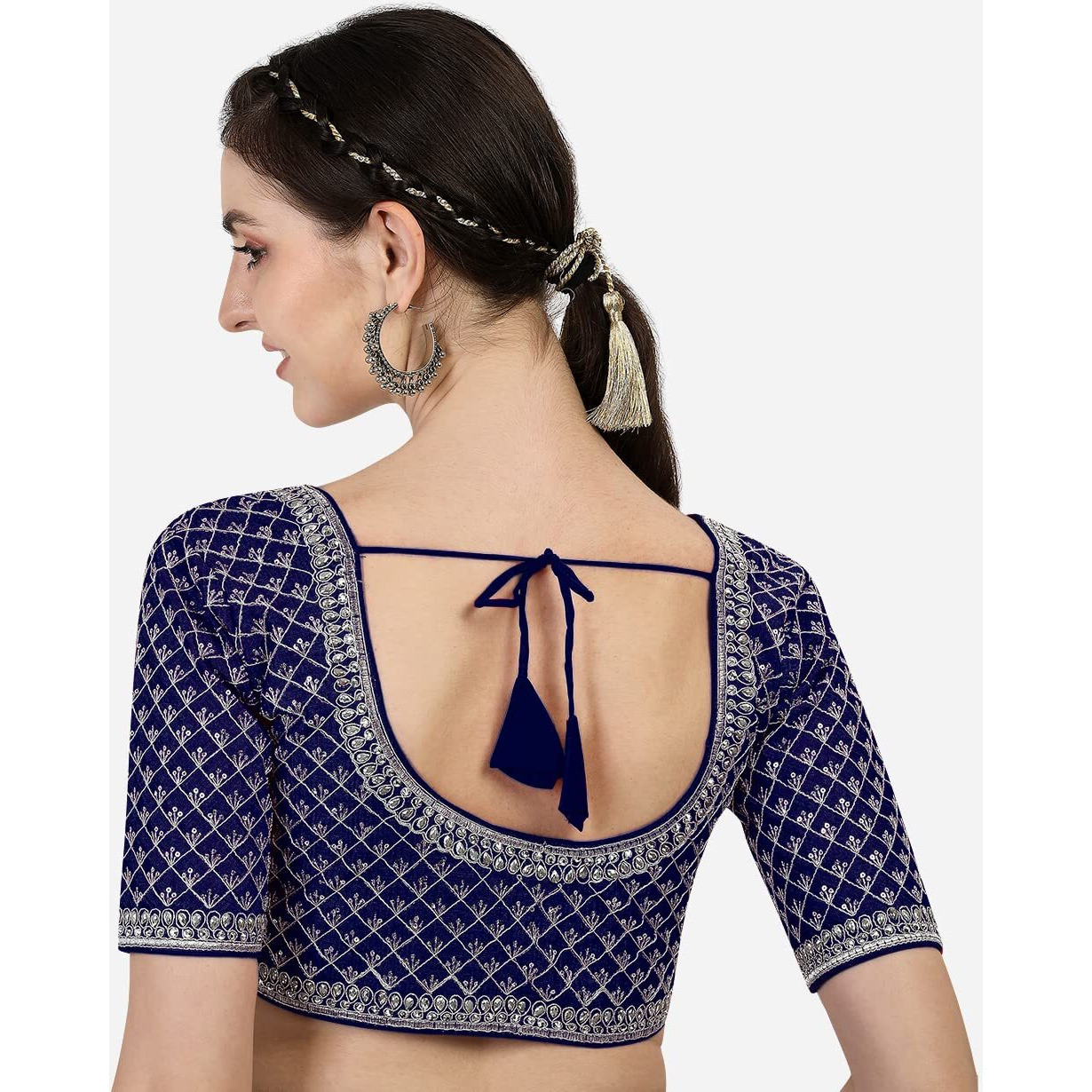 Pujia Mills Women's Heavy Silver Jari Thread Readymade Blouse for Saree Lehenga (Navy Blue, 38)