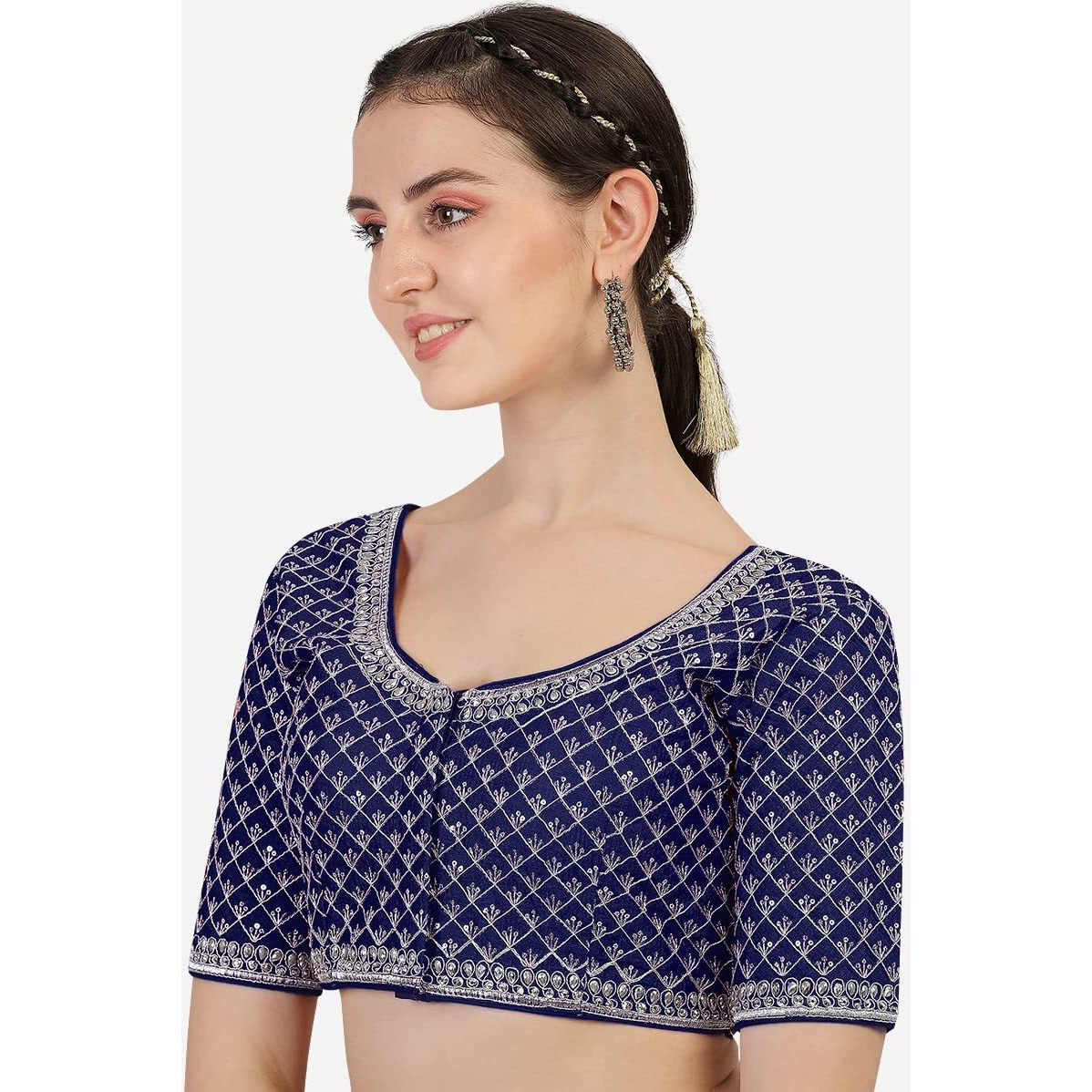 Pujia Mills Women's Heavy Silver Jari Thread Readymade Blouse for Saree Lehenga (Navy Blue, 38)