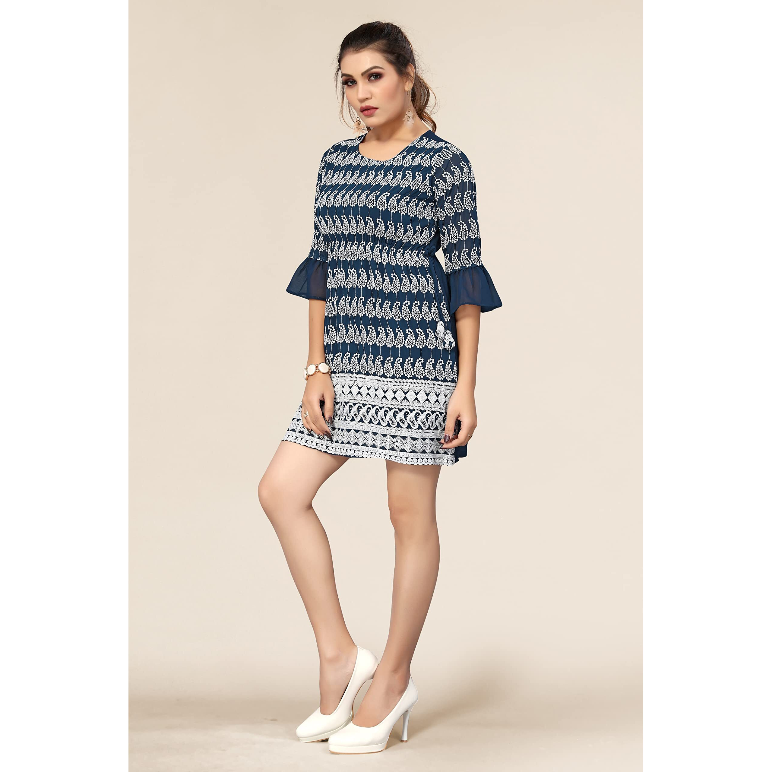 Bee M Pee Designer Women's Cotton Blend Empire Embroidered Short Kurta (RD Kurti Cuba Navy_S-New_Navy_Small)
