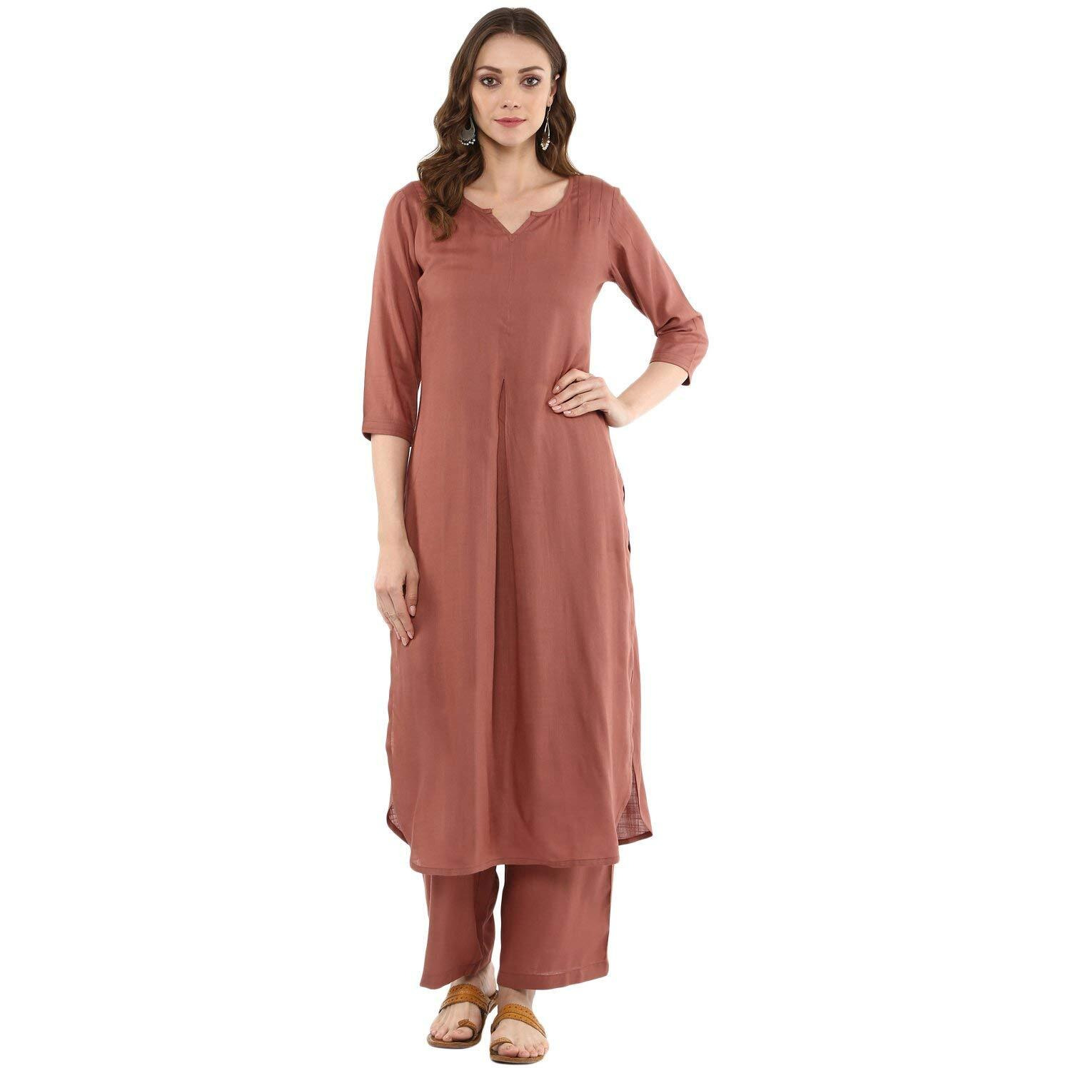 idaLia Rayon Solid Straight Brown Kurta Set for Women with Palazzo 3/4 Sleeve, Round V Neck Designer Kurta with Palazzo Pant Set