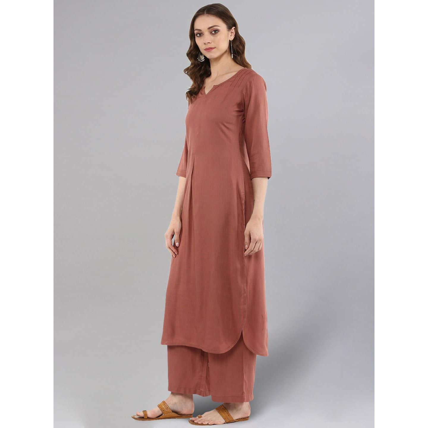 idaLia Rayon Solid Straight Brown Kurta Set for Women with Palazzo 3/4 Sleeve, Round V Neck Designer Kurta with Palazzo Pant Set