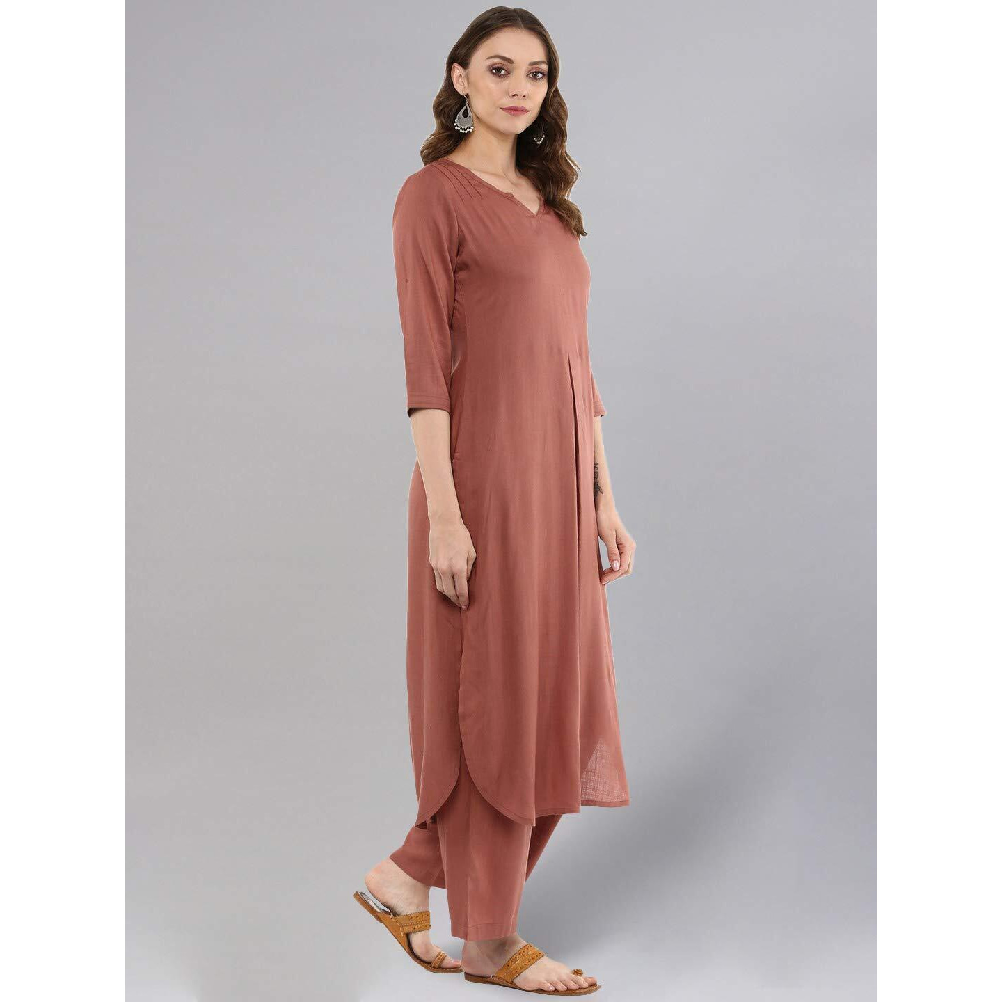idaLia Rayon Solid Straight Brown Kurta Set for Women with Palazzo 3/4 Sleeve, Round V Neck Designer Kurta with Palazzo Pant Set