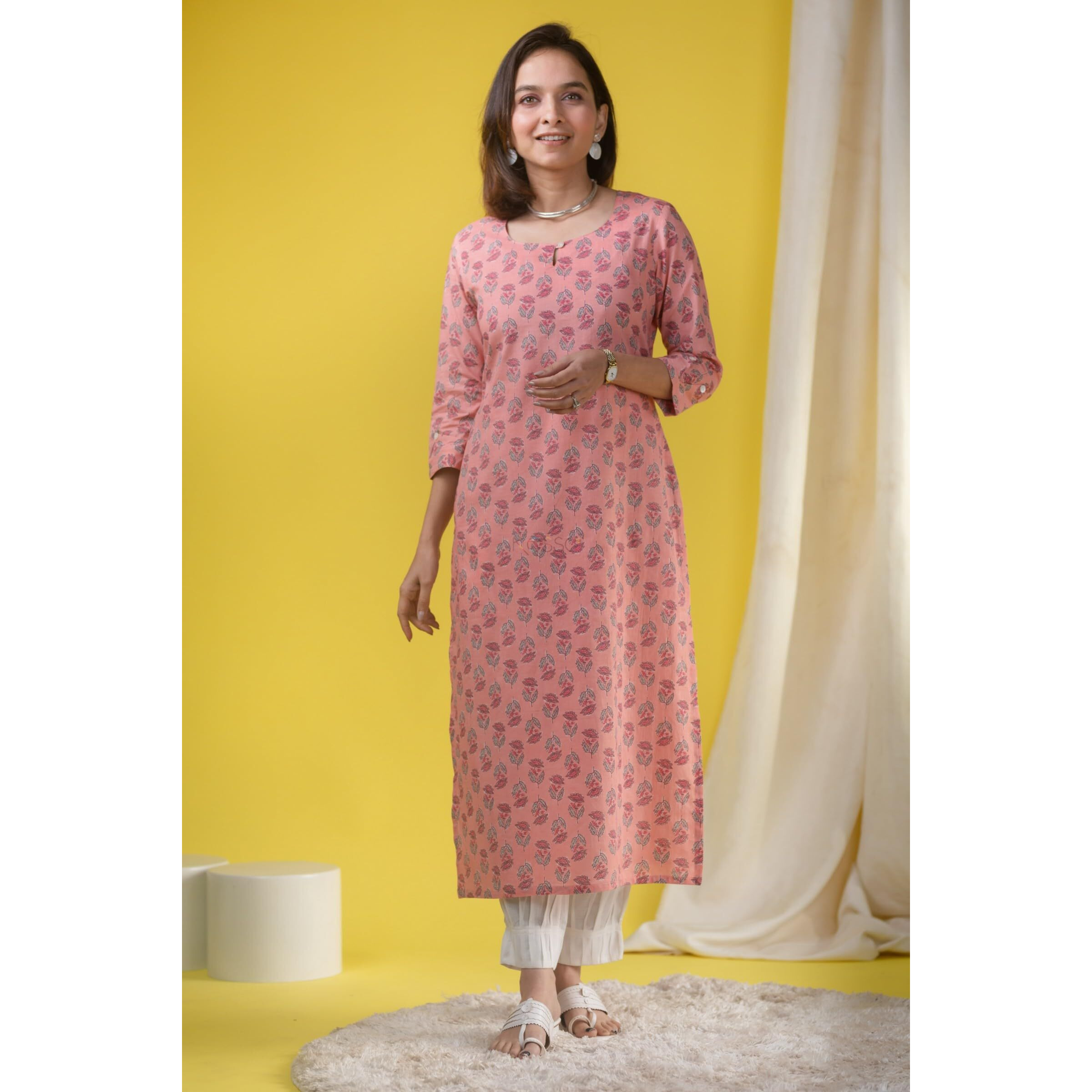 Bollyclues Women's Cotton Blend Printed Straight Kurta(RA-02) Pink