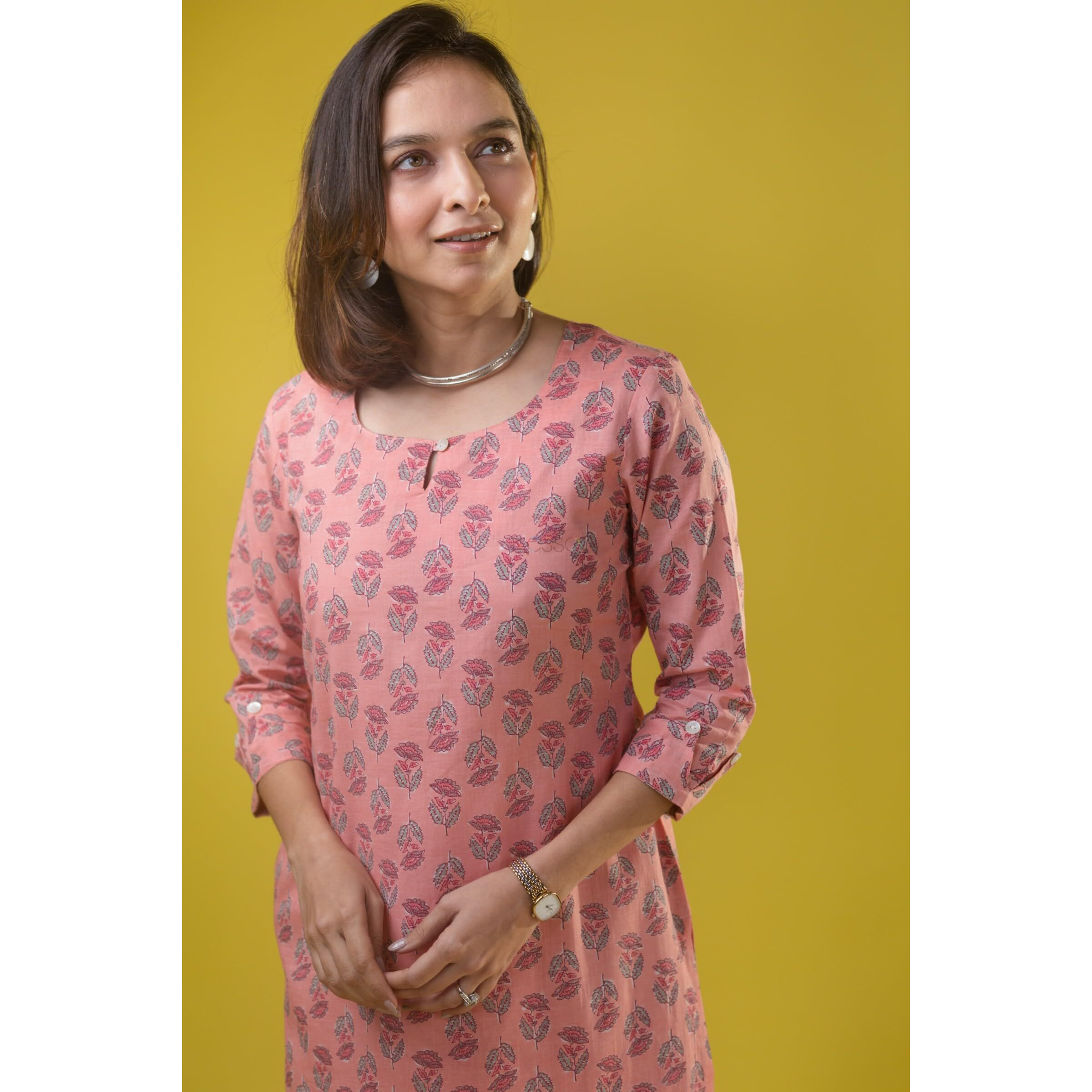 Bollyclues Women's Cotton Blend Printed Straight Kurta(RA-02) Pink