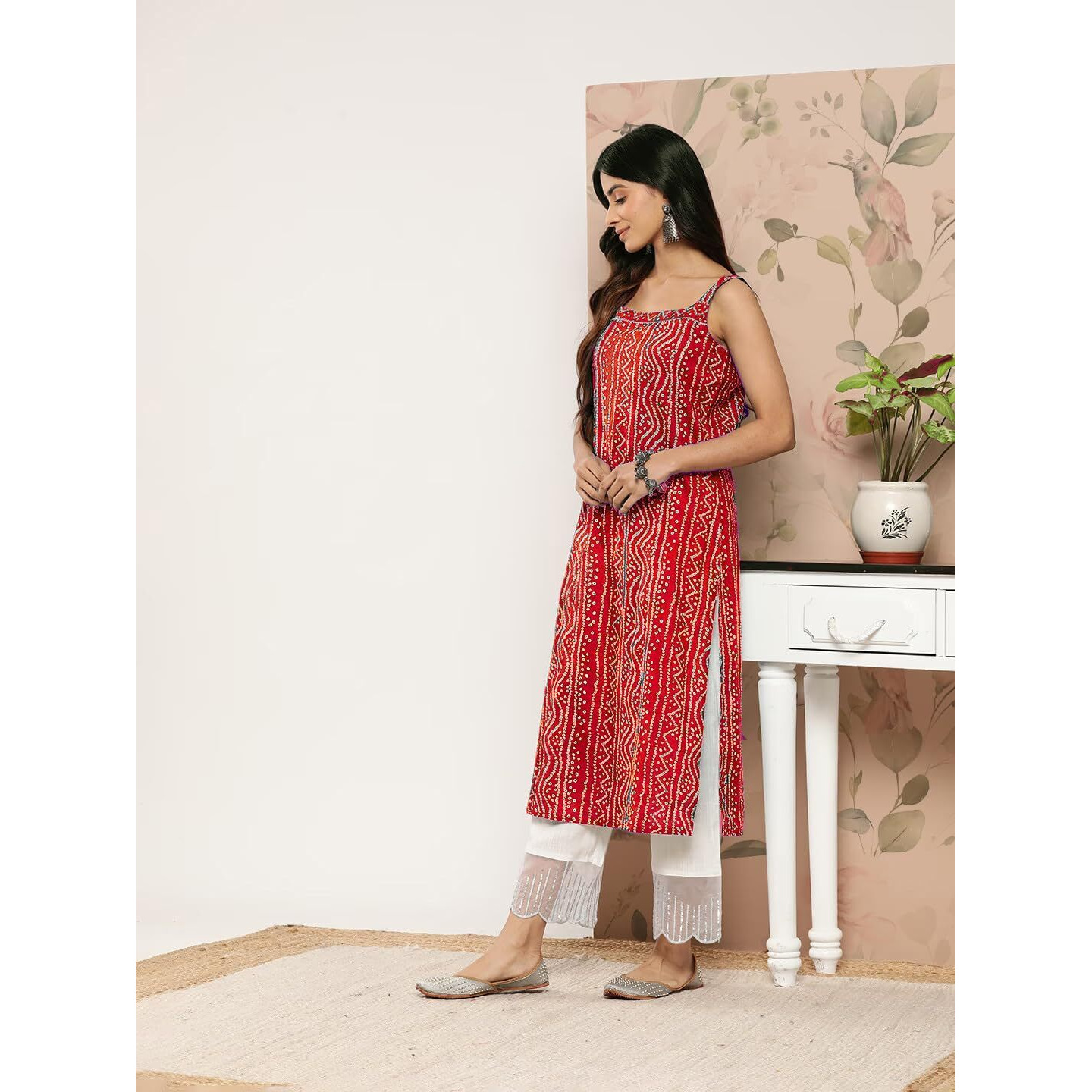 Bollyclues Women's Crepe Straight Bandhani Printed Kurti(BA-01) (XX-Large, Red)